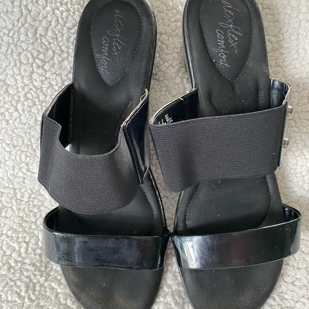 Deflex Comfort Black Dressy Sandals Elastic Strap One Shiny Strap 8.5